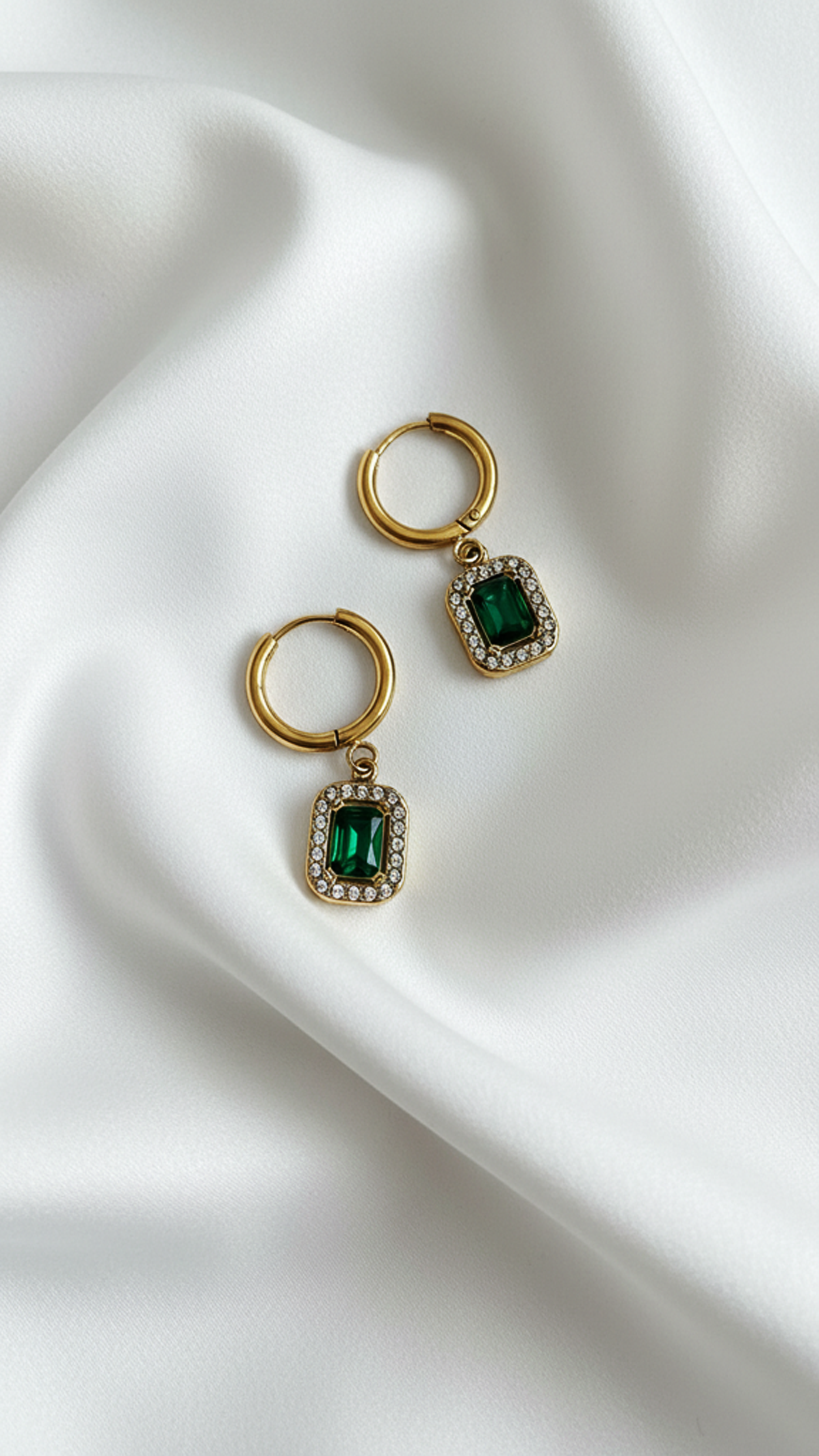 Emerald Green Drop Hoop Earrings – Gold Plated Crystal Halo Dangle Earrings | Luxury Statement Jewelry for Women