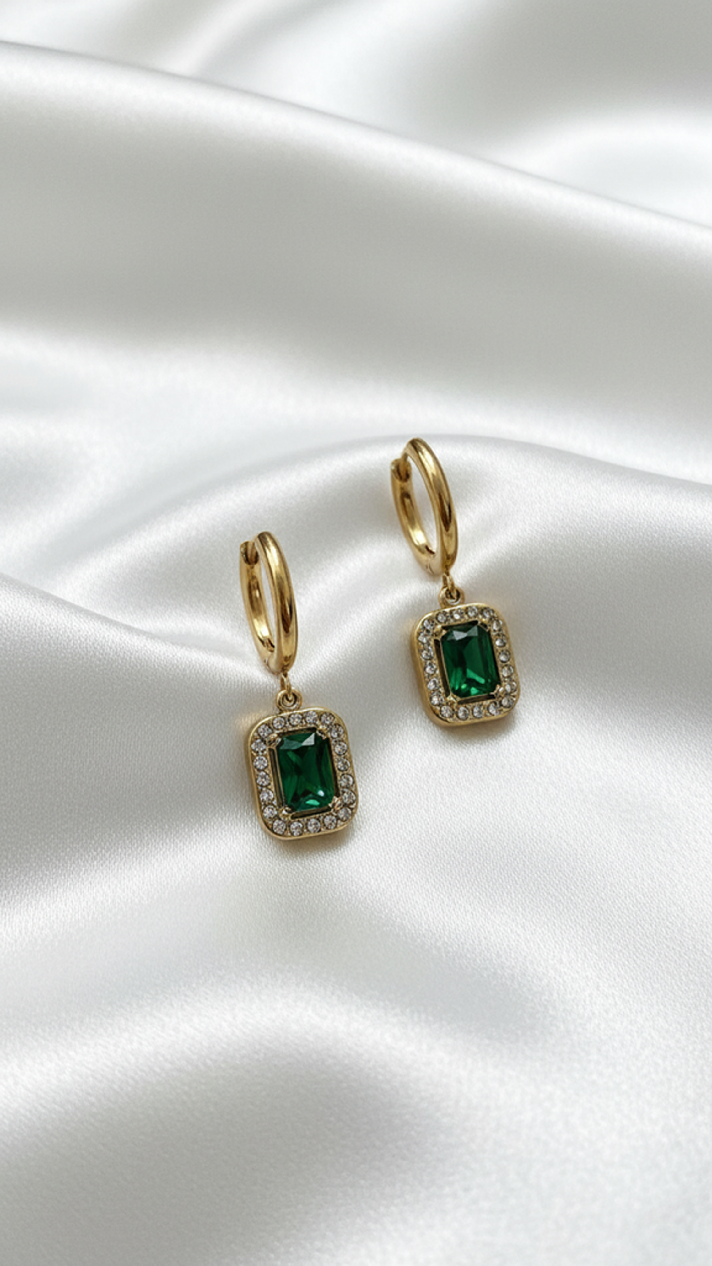 Emerald Green Drop Hoop Earrings – Gold Plated Crystal Halo Dangle Earrings | Luxury Statement Jewelry for Women
