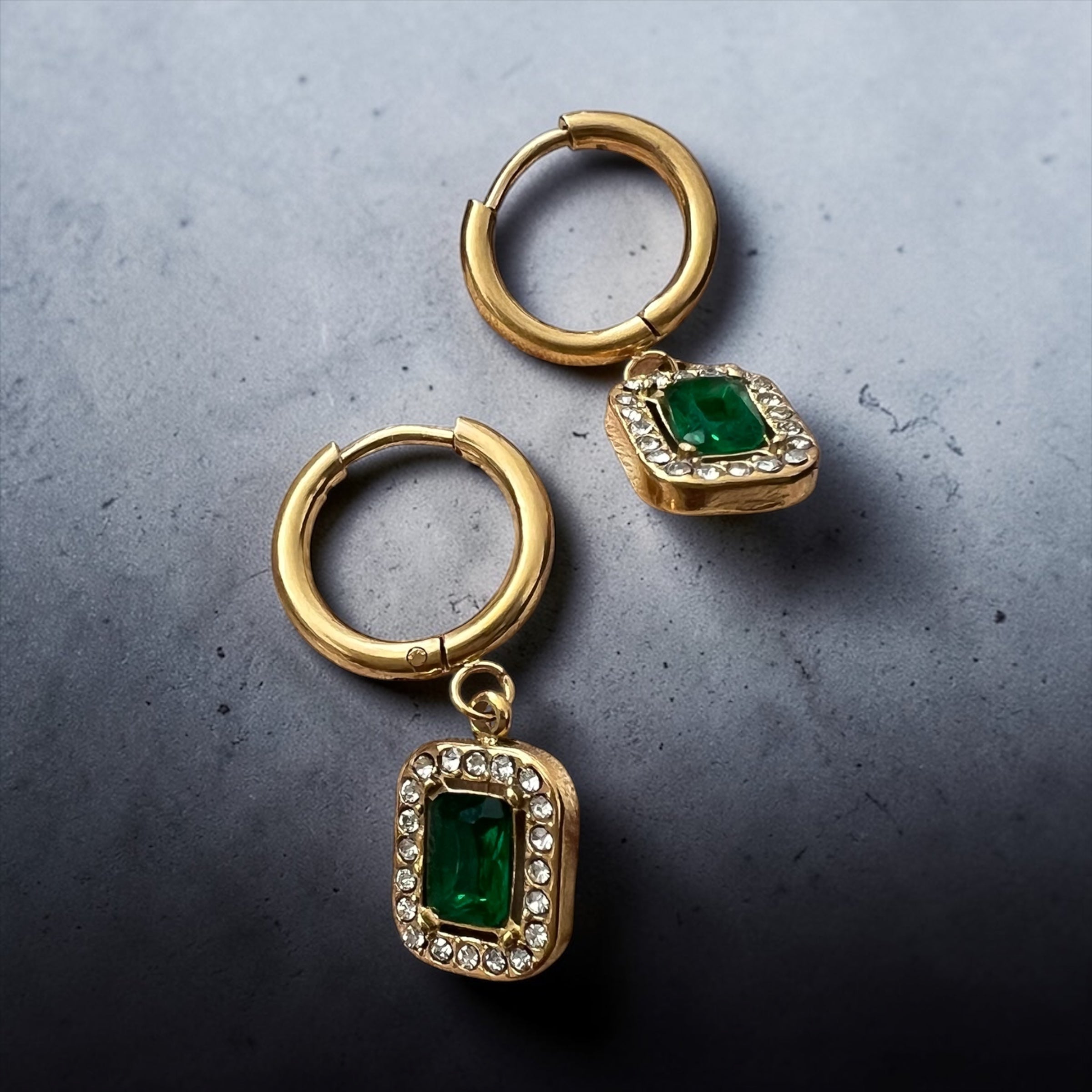 Emerald Green Drop Hoop Earrings – Gold Plated Crystal Halo Dangle Earrings | Luxury Statement Jewelry for Women