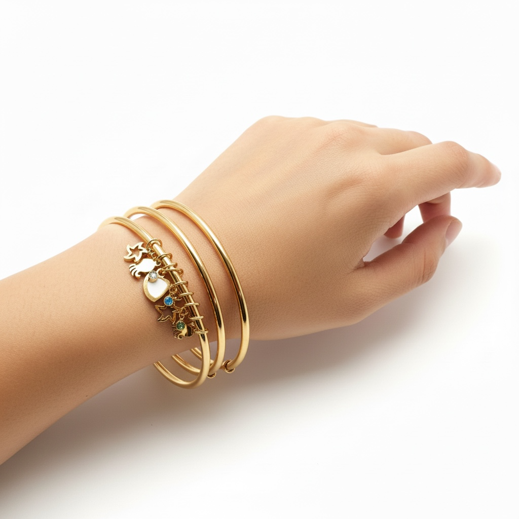Elegant Gold Charm Bangle Bracelet Set – Minimalist Stackable Luxury Bracelet